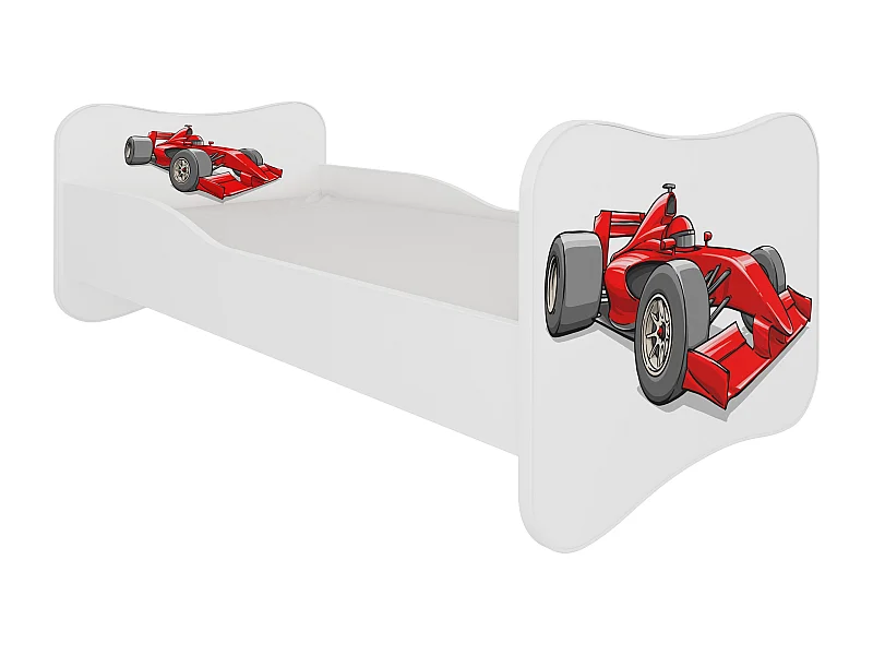 Lit enfant bois blanc imprimé voiture de course rouge 70x140 ou 80x160 - Sommier et matelas inclus - Ondula-70x140