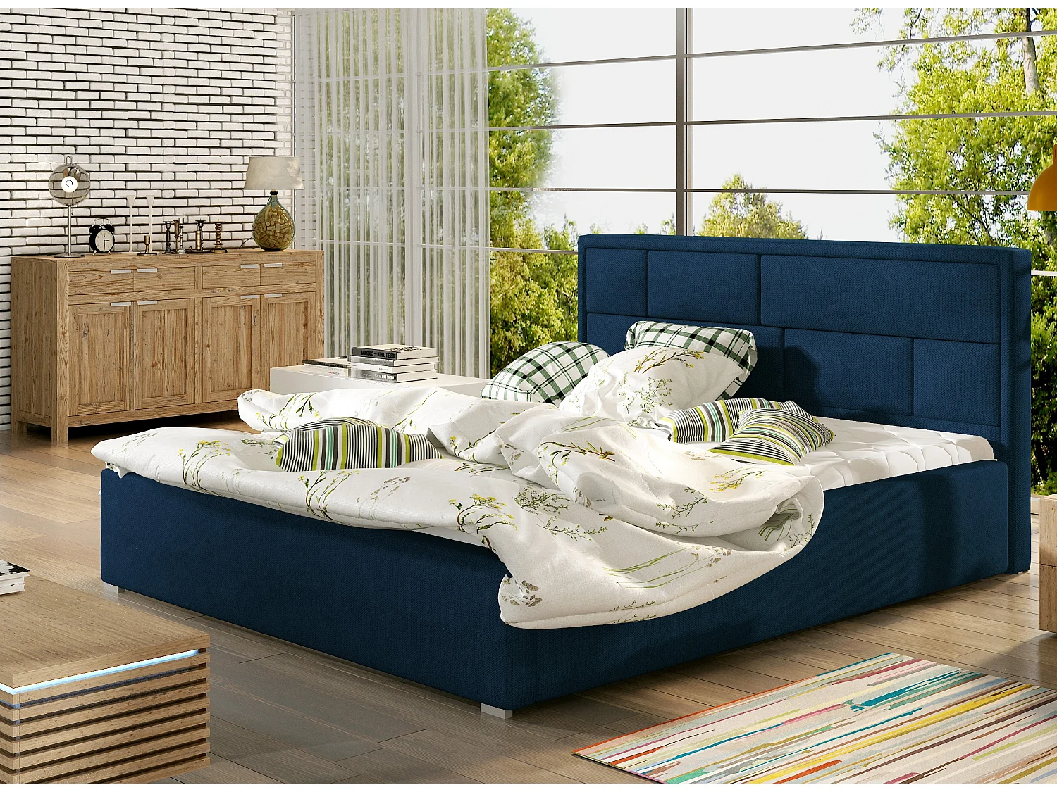 Volwassen bed met Lenzo boxspring – Gewatteerd fluweel-Kleur Middernacht blauw-Slapen 160x200cm
