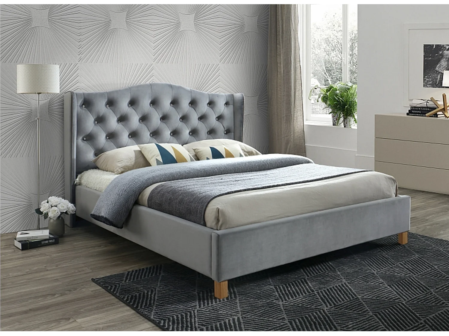 Lit double en velours tapissé Kalane 160cm-Couleur Gris clair