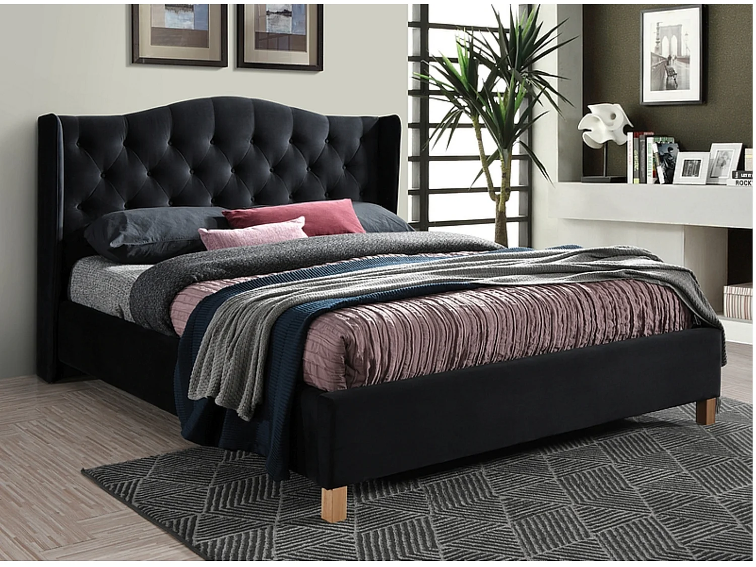 Lit double en velours tapissé Kalane 160cm-Couleur Gris clair