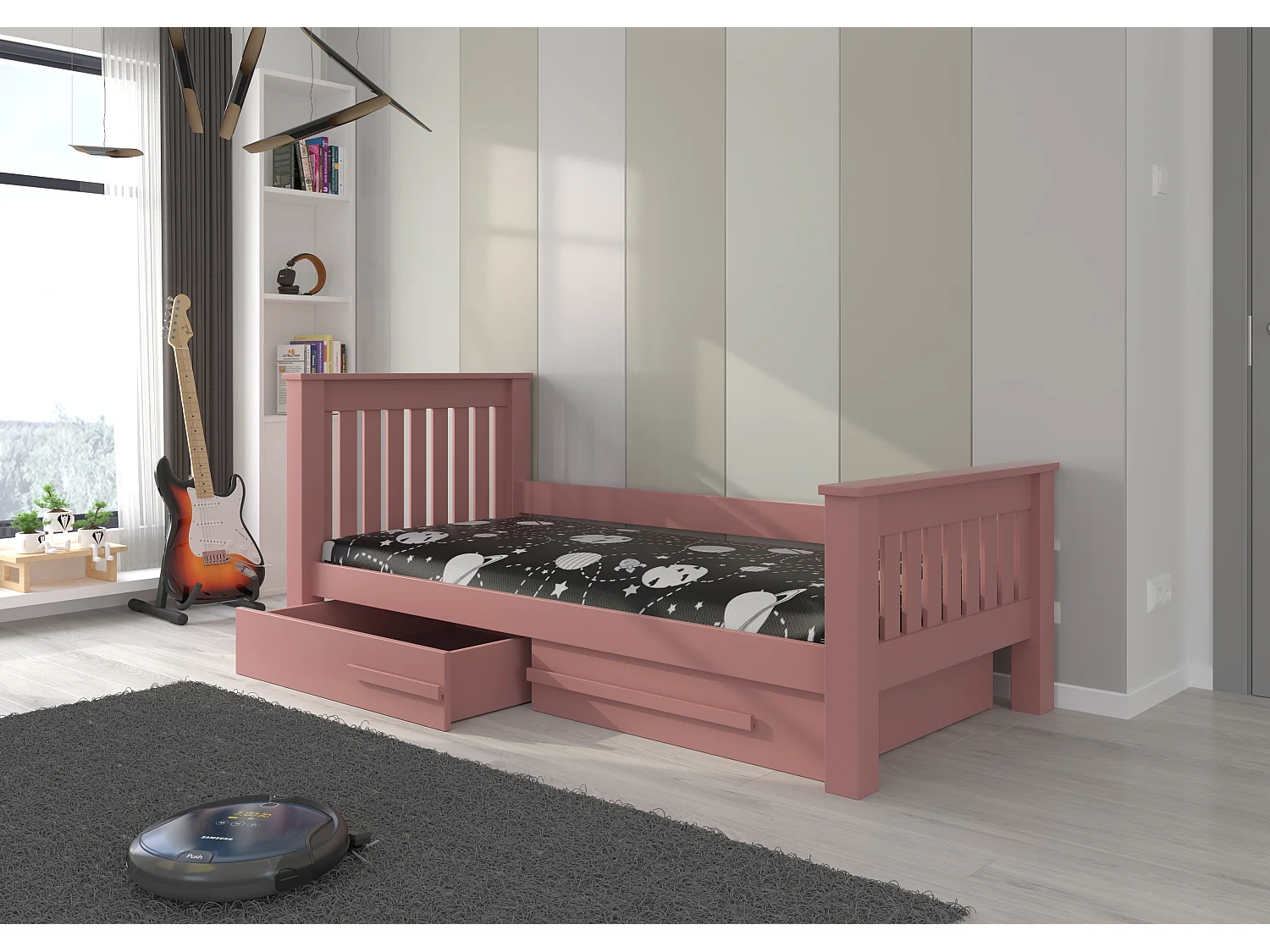 Lit enfant bois pin rose 90x200 avec 2 tiroirs de rangement Rallye