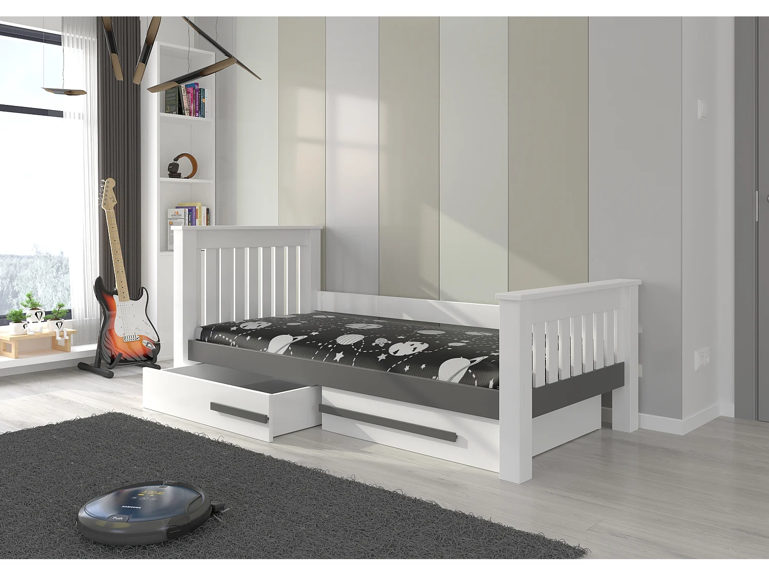 Lit enfant bois pin blanc et gris graphite 90x200 avec 2 tiroirs de rangement Rallye