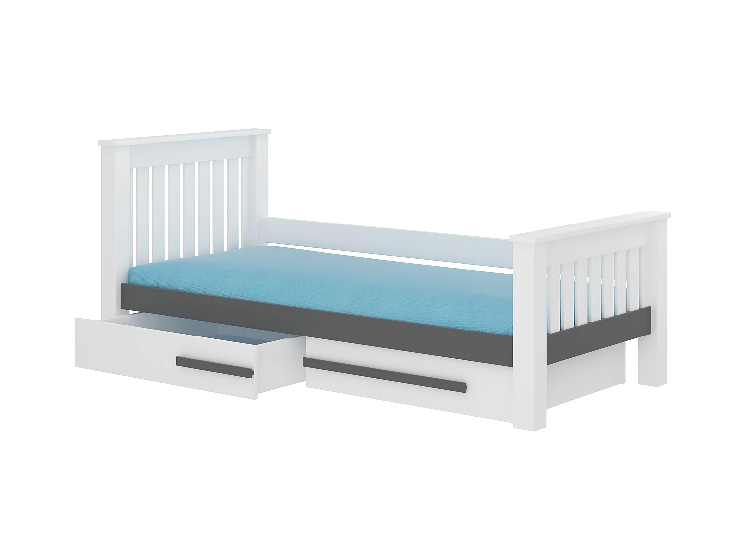 Lit enfant bois pin blanc et gris graphite 90x200 avec 2 tiroirs de rangement Rallye
