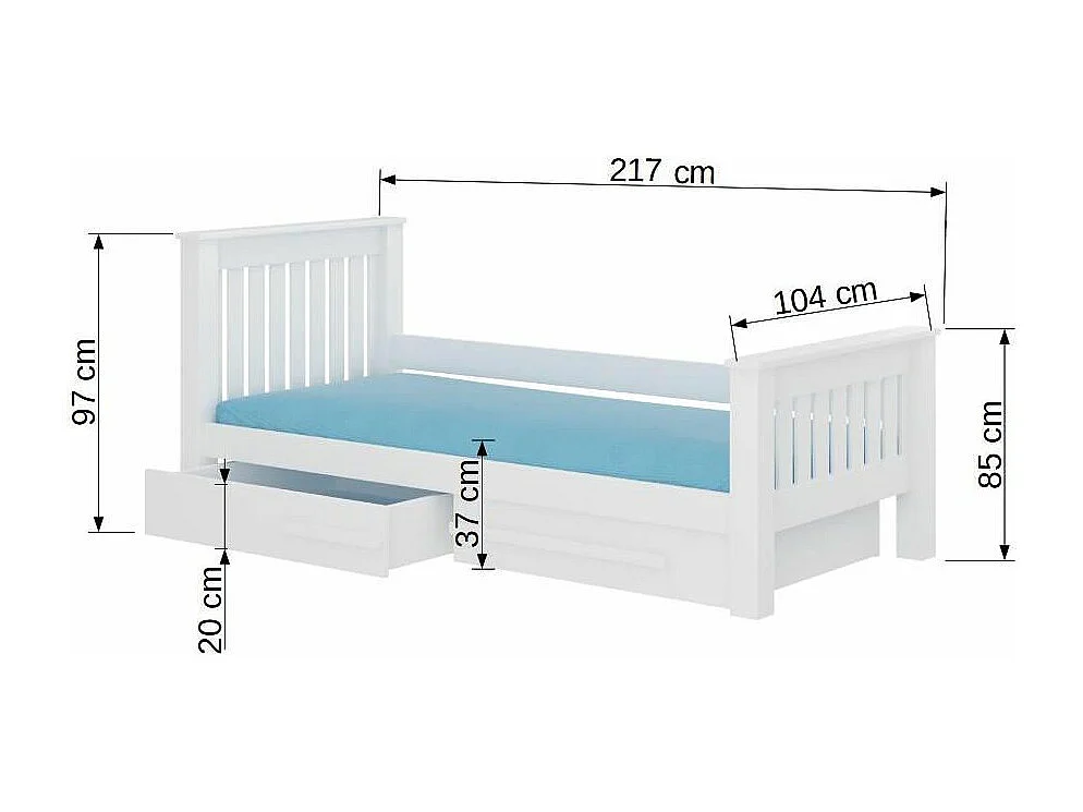 Lit enfant bois pin blanc et gris graphite 90x200 avec 2 tiroirs de rangement Rallye