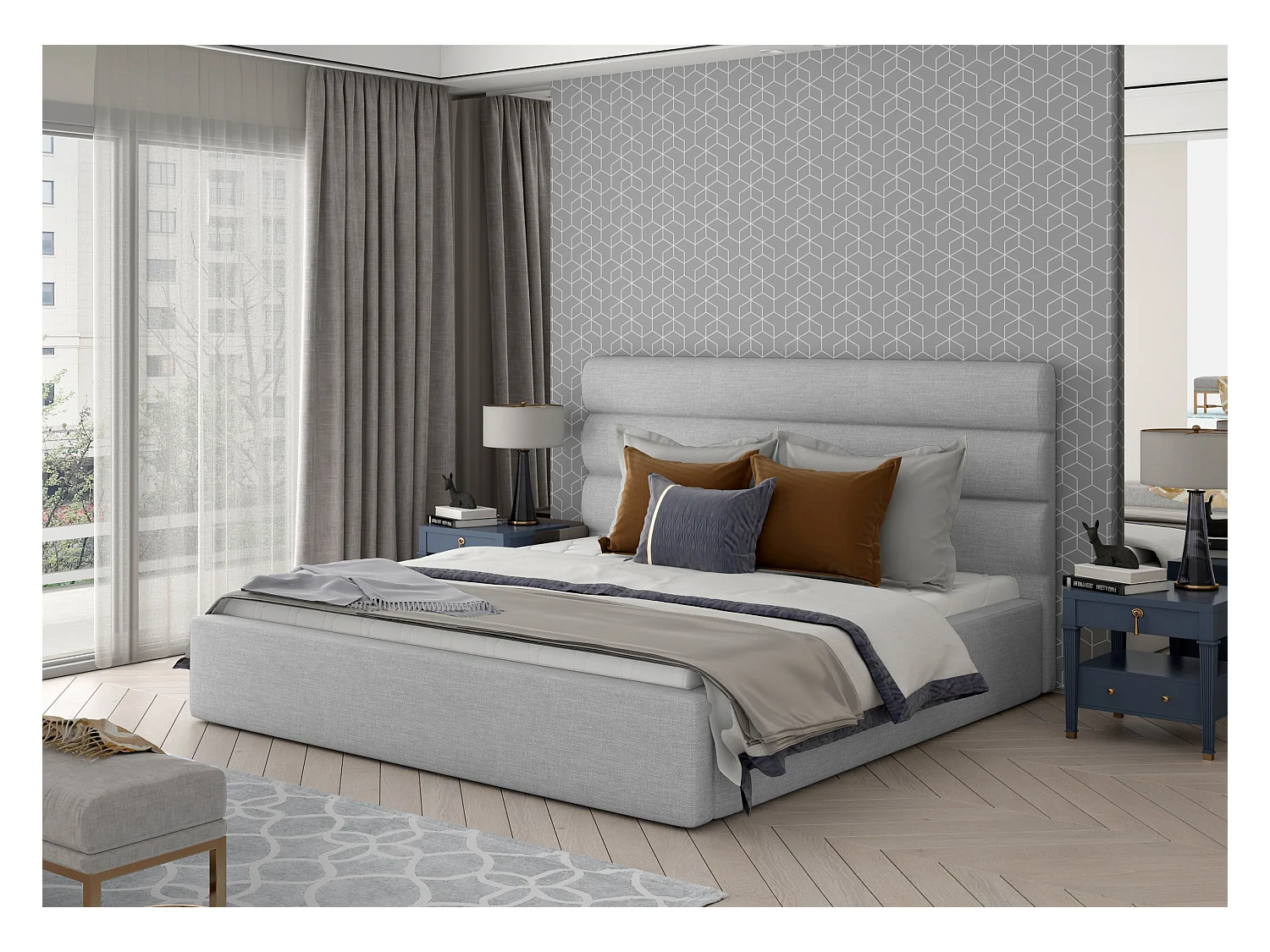 Tweepersoonsbed met Klarina boxspring - Gestoffeerde stof-Kleur Lichtgrijs-Slapen 140x200cm