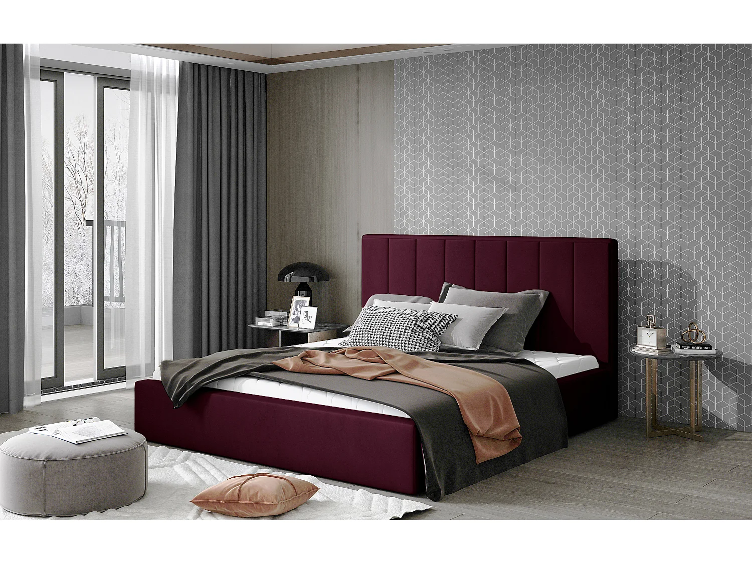 Lit adulte avec coffre de rangement Vareza – Velours matelassé-Prune-140x200