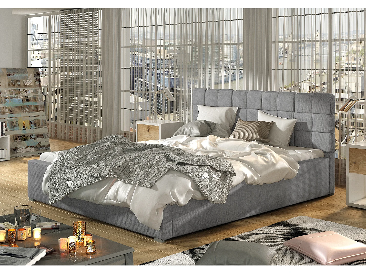 Lit moderne 140x200 capitonné velours gris Kandy