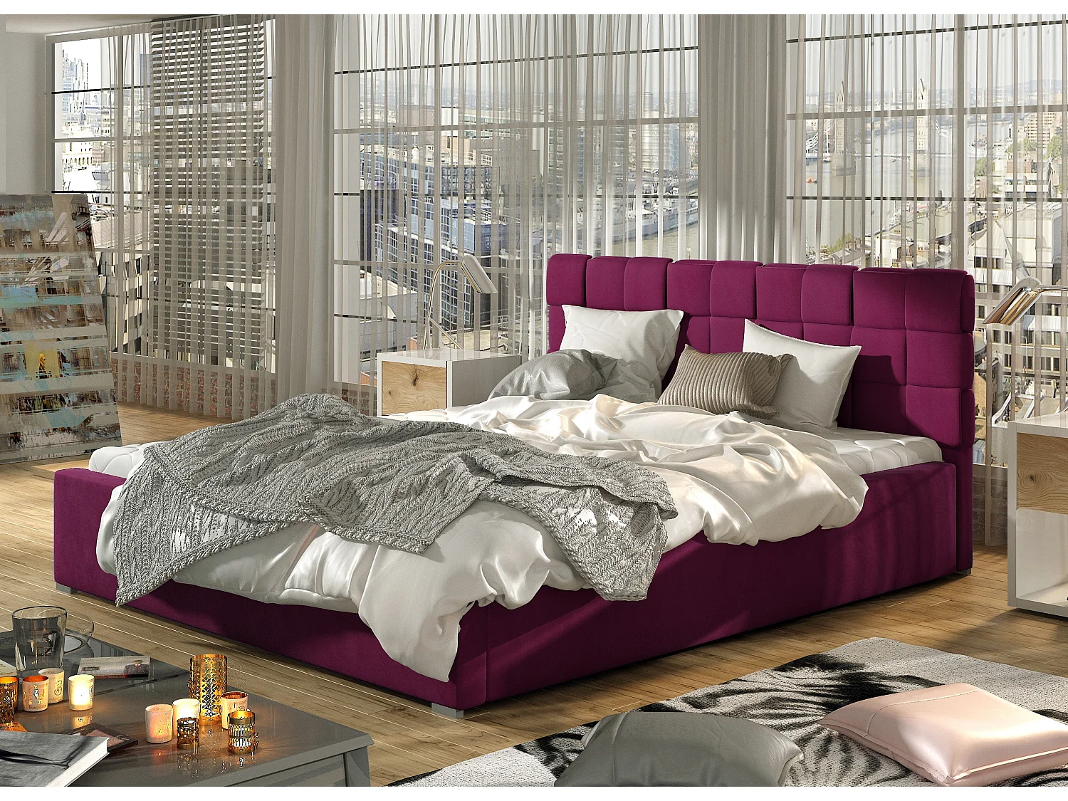 Tweepersoonsbed met Kanda boxspring – Gewatteerd fluweel-Kleur Grijs-Slapen 140x200cm