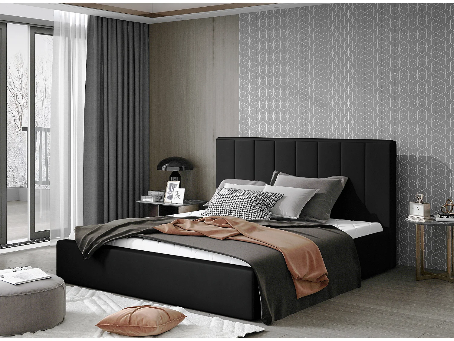 Lit rembourré de luxe cuir synthétique Vareze-Couleur Noir-140x200-Version avec sommier