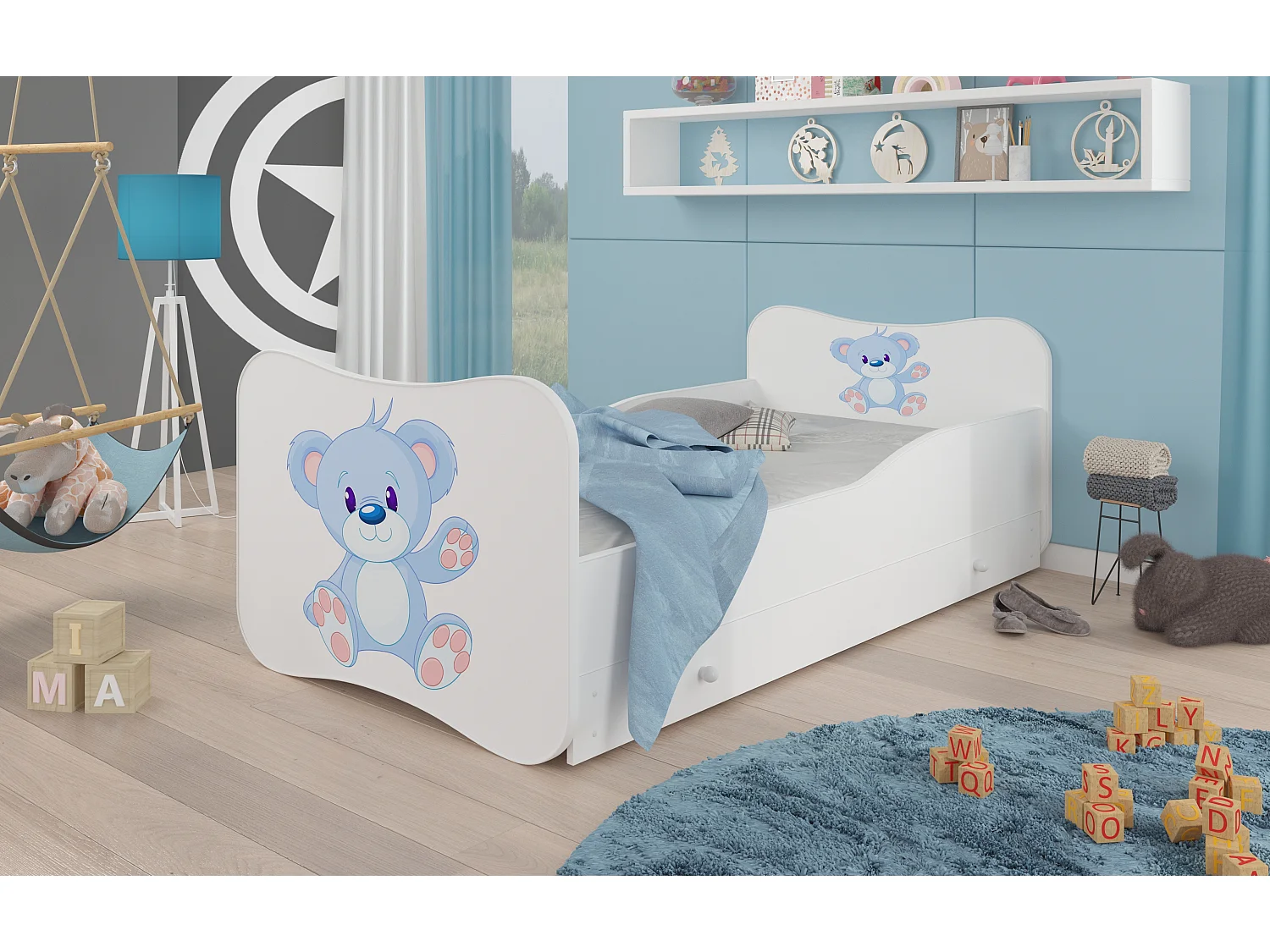 Lit enfant bois blanc à tiroirs avec imprimé ourson bleu 70x140 ou 80x160 - Sommier et matelas inclus - Ondula-80x160