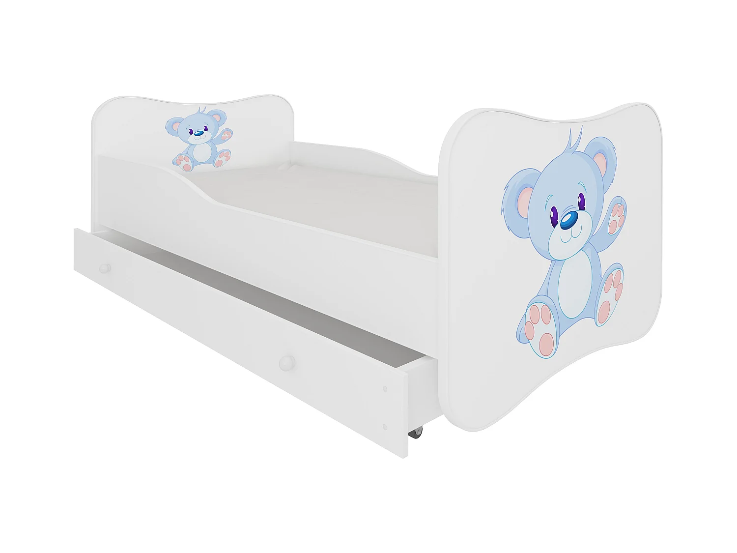 Lit enfant bois blanc à tiroirs avec imprimé ourson bleu 70x140 ou 80x160 - Sommier et matelas inclus - Ondula-80x160