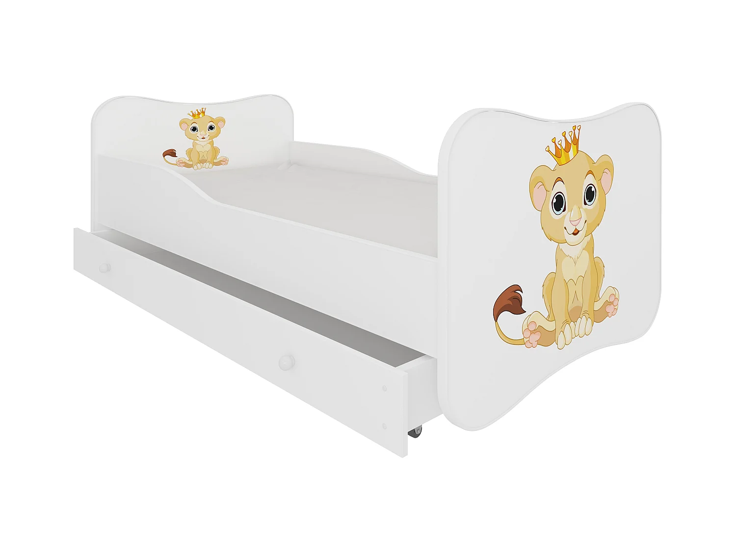 Lit enfant bois blanc à tiroirs avec imprimé petit roi lion 70x140 ou 80x160 - Sommier et matelas inclus - Ondula-80x160