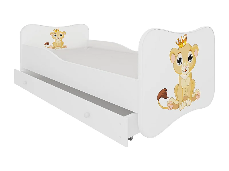 Lit enfant bois blanc à tiroirs avec imprimé petit roi lion 70x140 ou 80x160 - Sommier et matelas inclus - Ondula-80x160