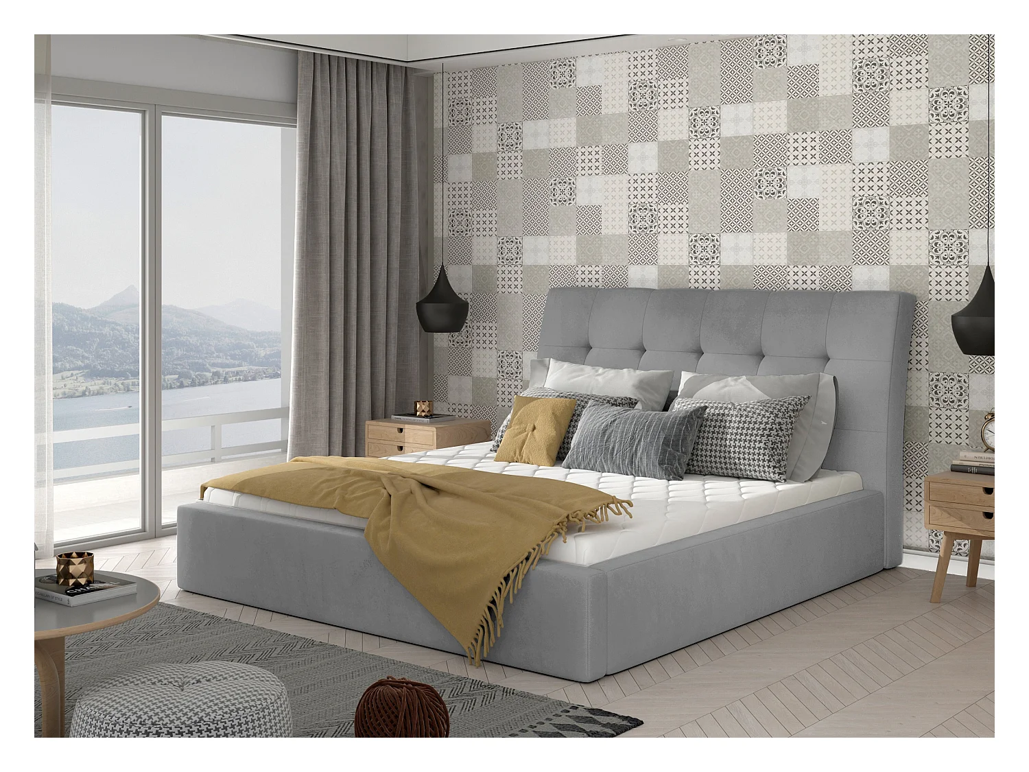 Lit double capitonné velours gris clair Klein - 4 tailles-180x200