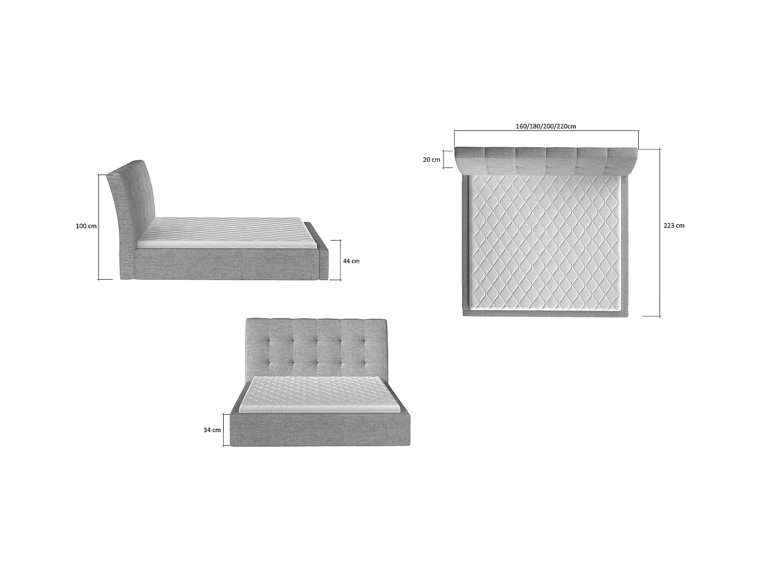 Lit double capitonné velours gris clair Klein - 4 tailles-180x200