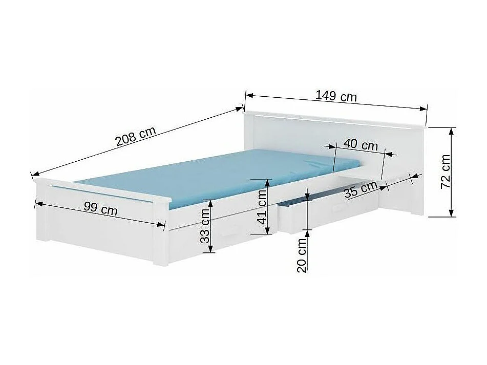 Lit bois pin blanc 90x200 avec 1 chevet et 2 tiroirs de rangement Lydia