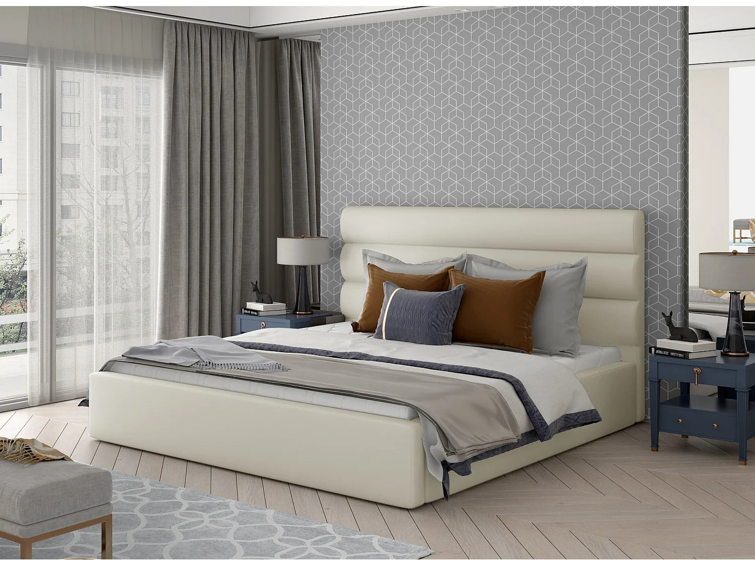 Tweepersoonsbed met Klarina boxspring - Gewatteerd kunstleer-Kleur Licht beige-Slapen 180x200cm