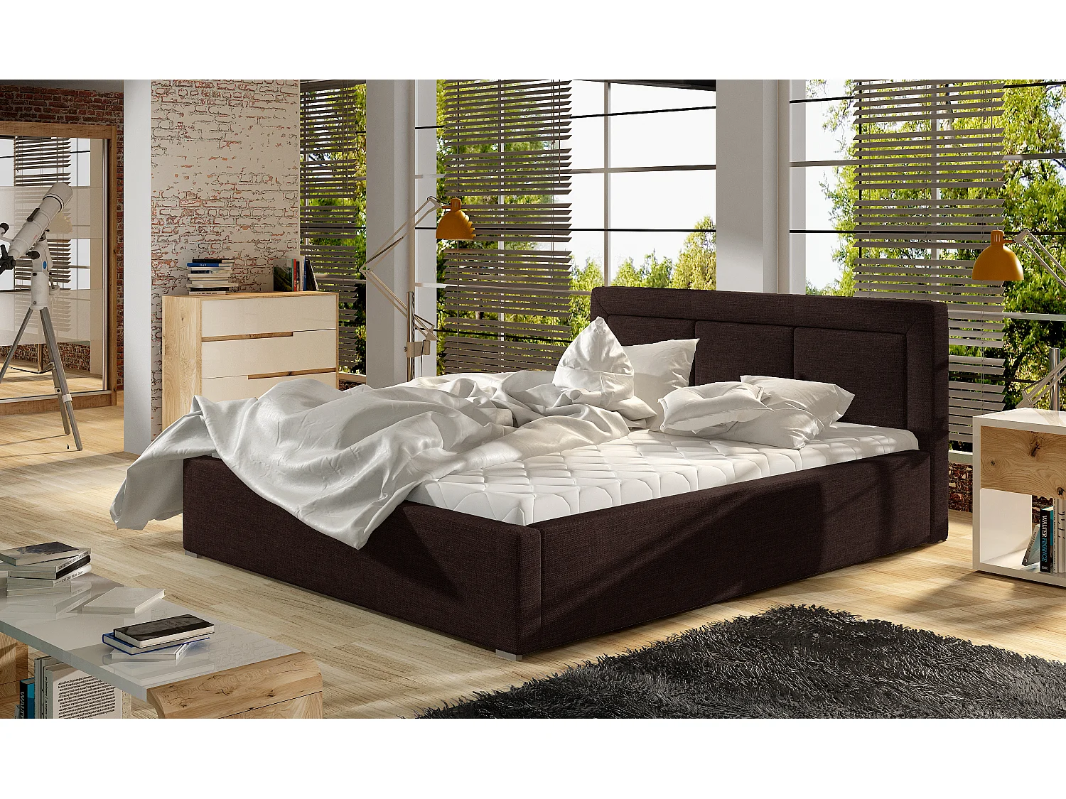 Lit tissu marron grand carré capitonné Berlino - 4 tailles-140x200
