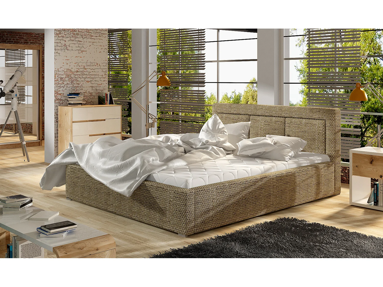 Lit tissu marron grand carré capitonné Berlino - 4 tailles-140x200