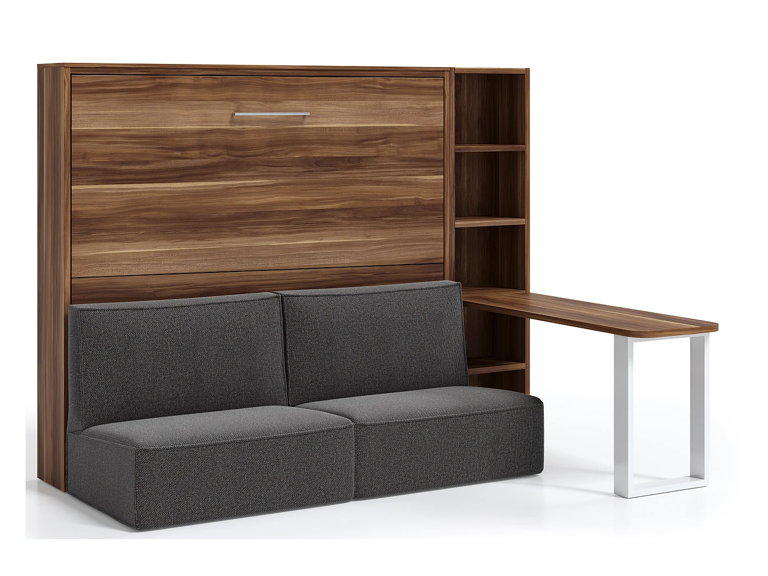 Lit escamotable 120x200 canapé etagere bureau Prolok-Canapé Gris foncé-Avec étagère-Structure et Façade Noyer-Avec bureau
