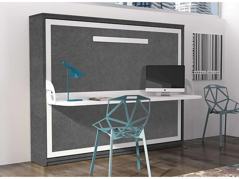 Lit escamotable avec bureau 90x200 gris ciment P 35 Kinoa