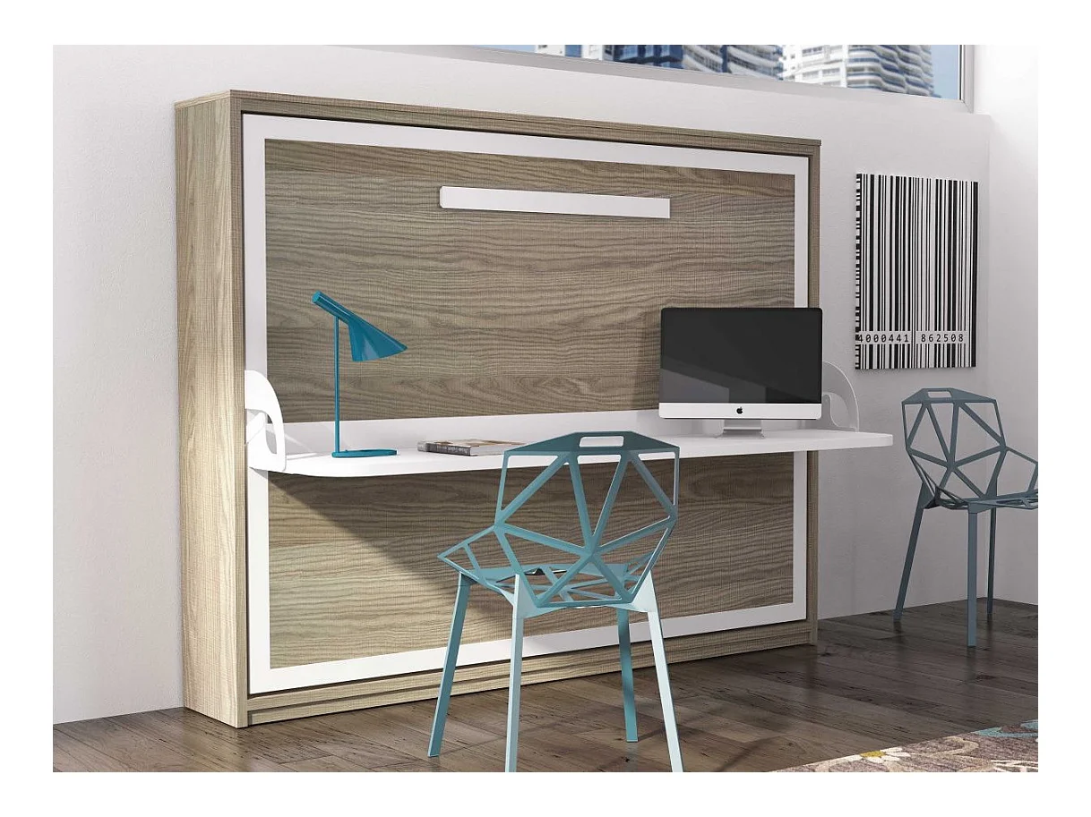 Lit escamotable avec bureau 140x190 chêne clair P 35 Kinoa