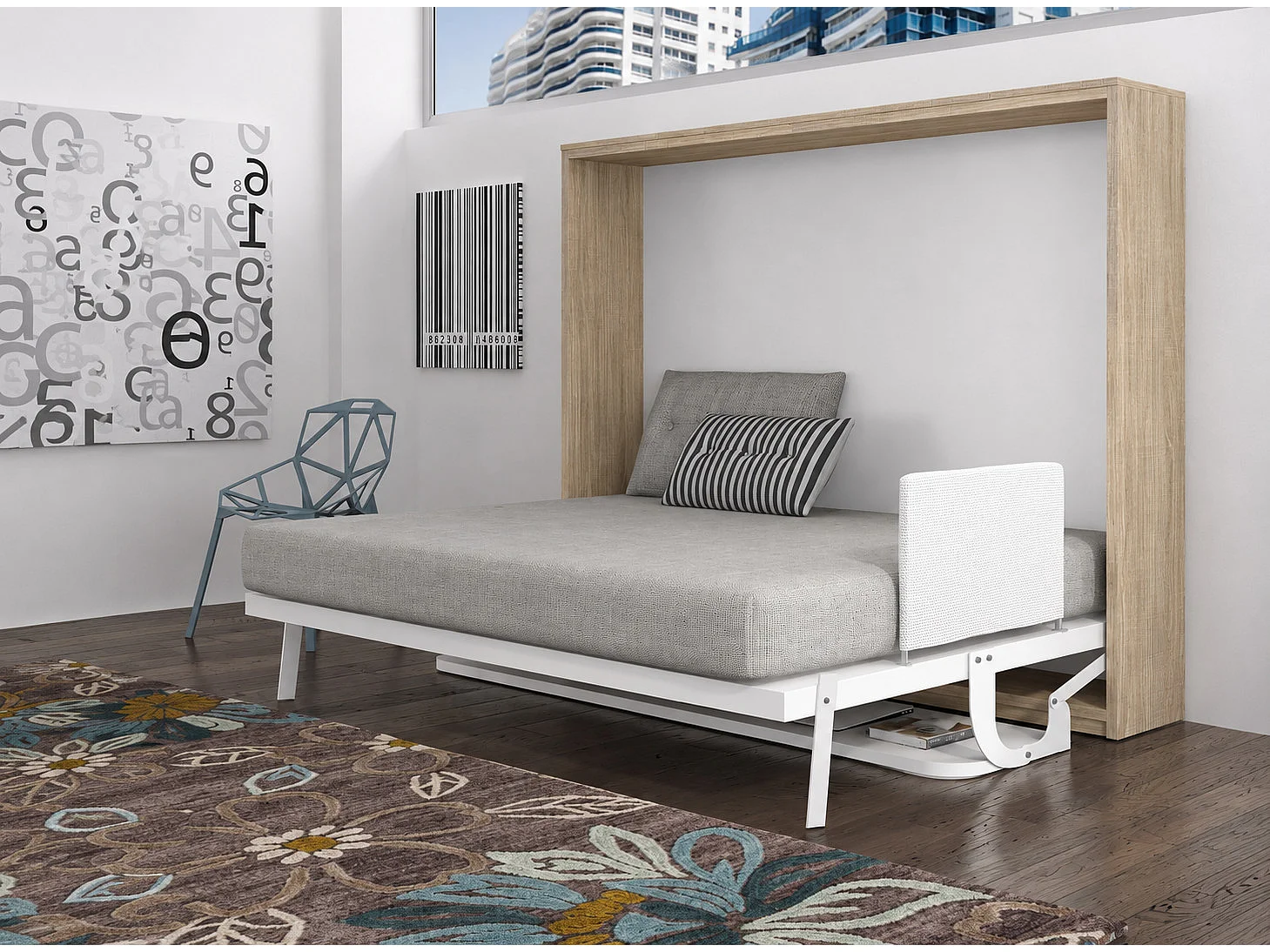 Lit escamotable horizontal avec bureau ANGELINA - Ouverture automatique assistée-Chêne clair-140x190