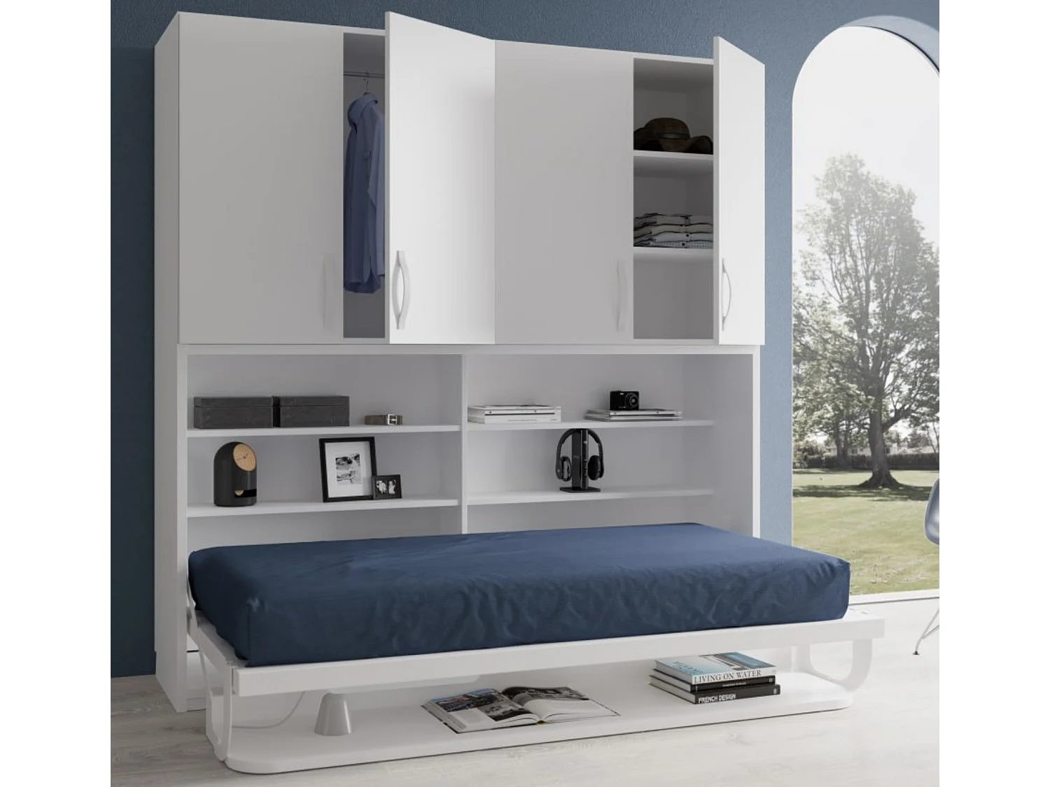 Lit escamotable 90x190 P 34cm chêne gris avec étagères et bureau Miko