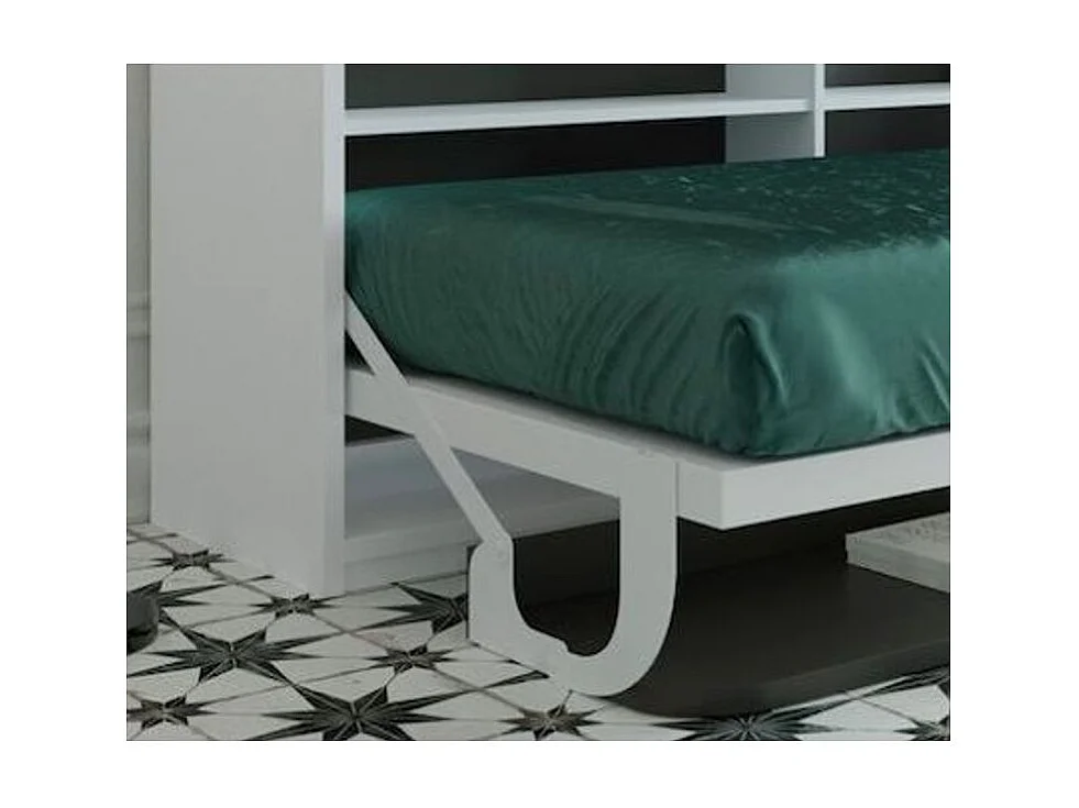 Lit escamotable 90x190 P 34cm chêne gris avec étagères et bureau Miko