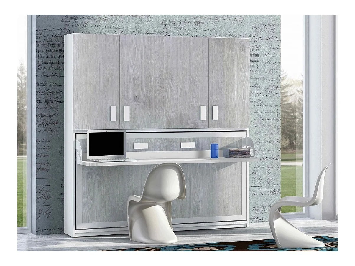 Lit escamotable 90x190 P 34cm chêne gris avec étagères et bureau Miko