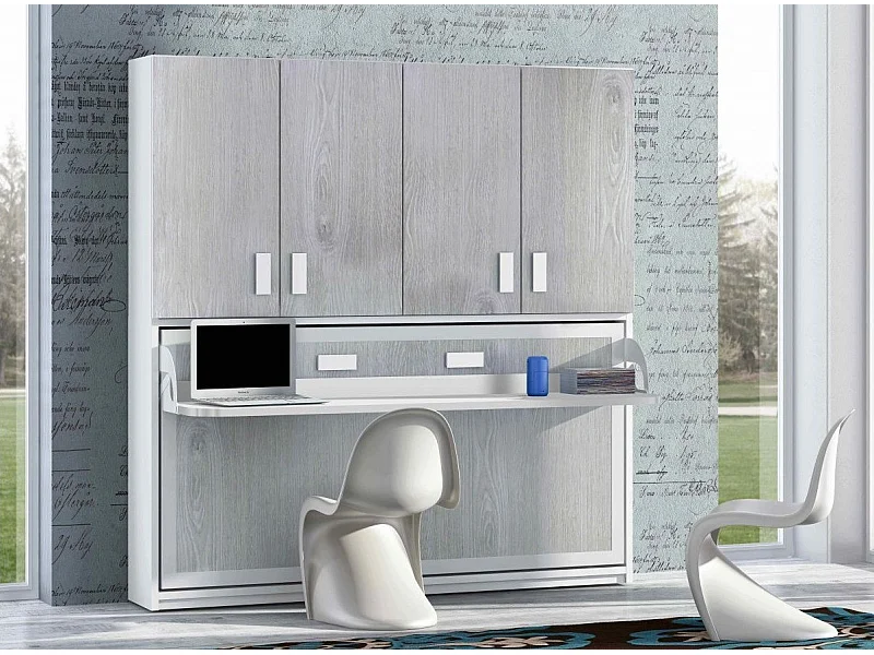 Lit escamotable 90x190 P 34cm chêne gris avec étagères et bureau Miko