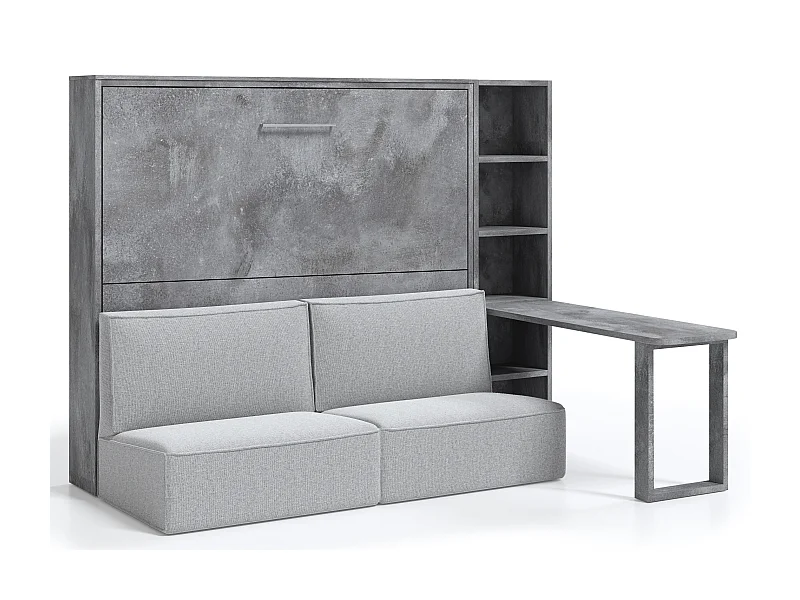 Lit escamotable 160x200 canapé etagere bureau Prolok-Avec matelas-Canapé Gris clair-Avec étagère-Structure et Façade Gris ciment