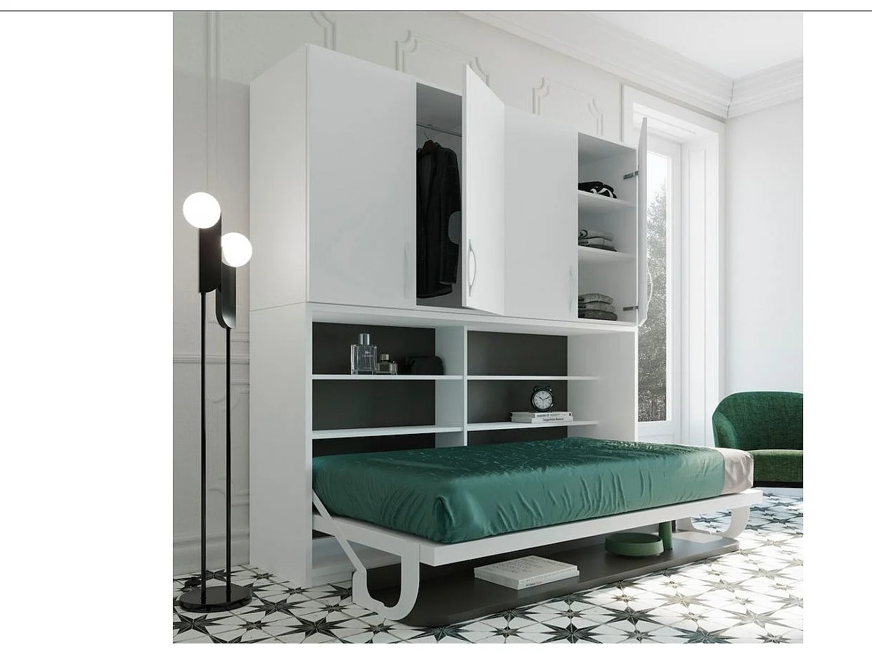 Lit escamotable 140x190 P 53cm chêne gris avec étagères et bureau Miko