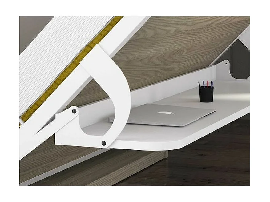 Lit escamotable 140x190 P 53cm chêne gris avec étagères et bureau Miko