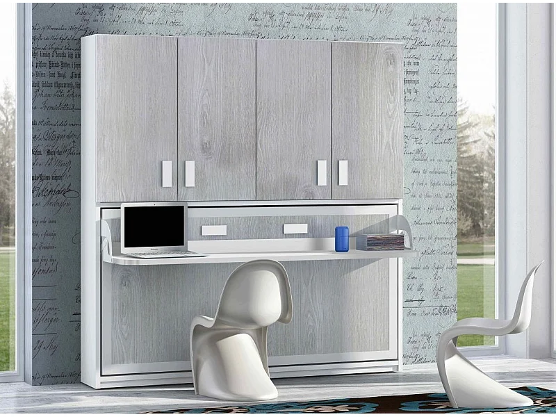 Lit escamotable 140x190 P 53cm chêne gris avec étagères et bureau Miko