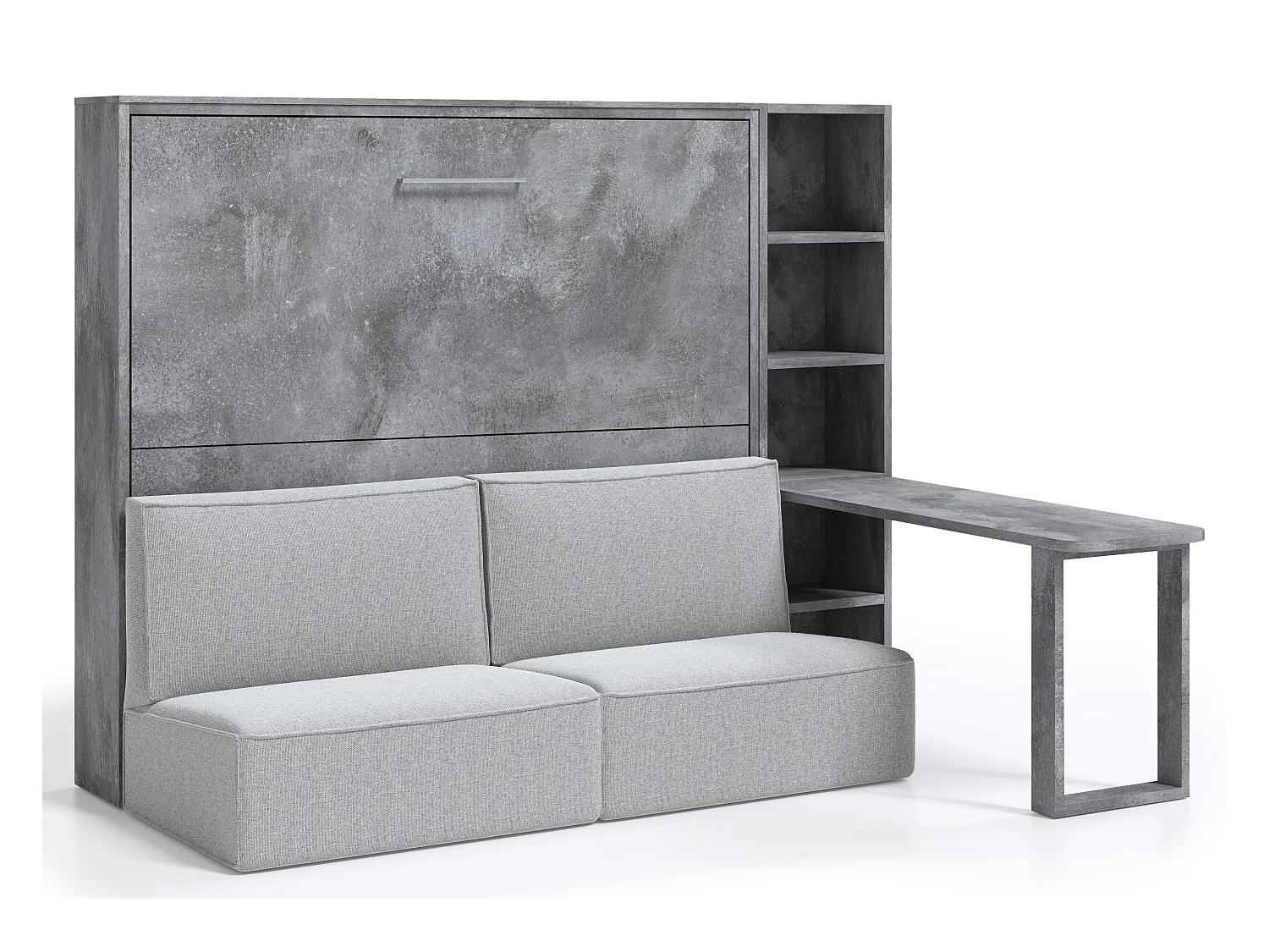 Lit escamotable 160x200 canapé etagere bureau Prolok-Canapé Beige-Avec étagère-Structure et Façade Chêne clair-Avec bureau