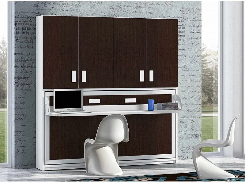 Lit escamotable 90x190 P 34cm chocolat avec étagères et bureau Miko