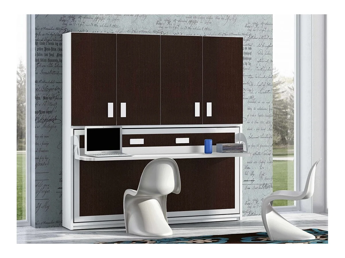 Lit escamotable 90x190 P 34cm chocolat avec étagères et bureau Miko