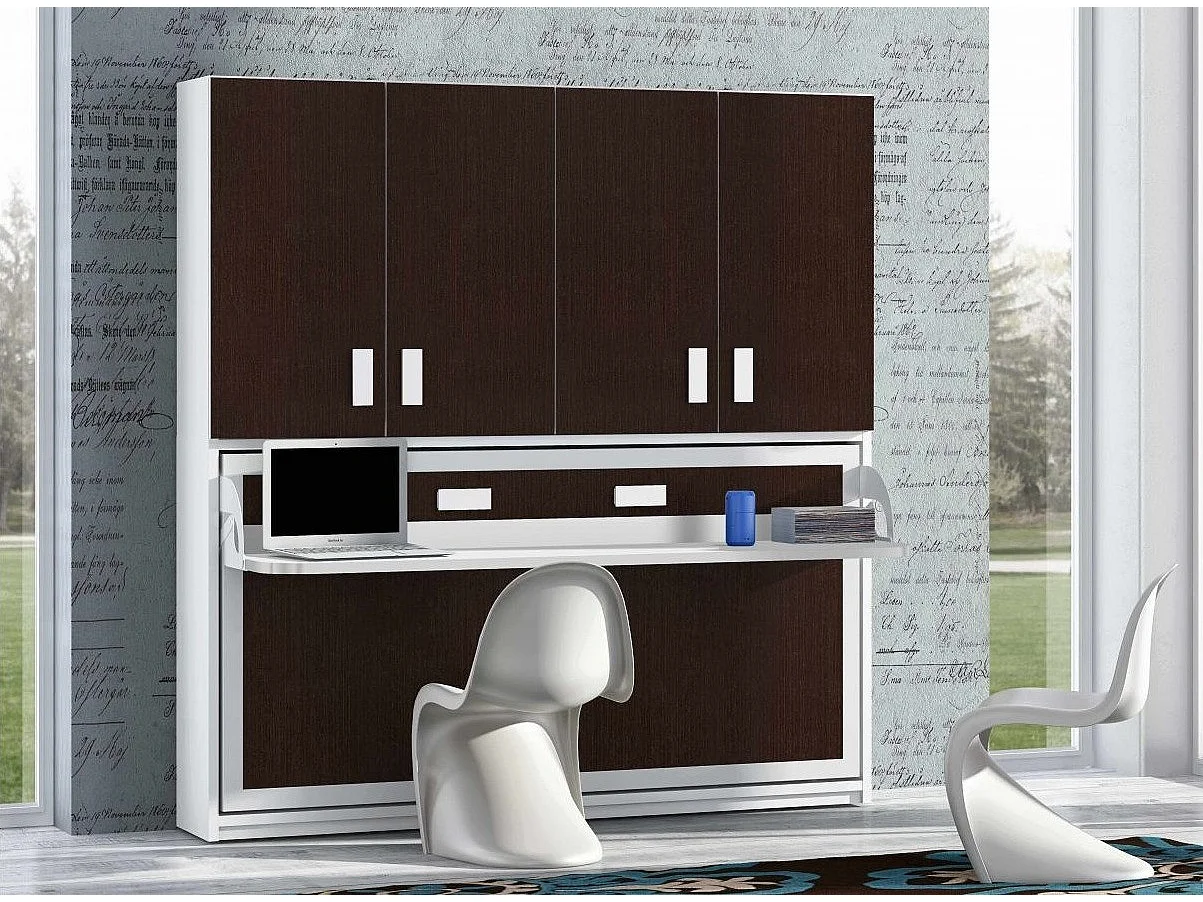 Lit escamotable 90x190 P 34cm chocolat avec étagères et bureau Miko