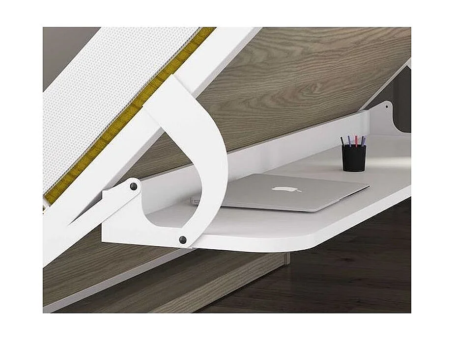 Lit escamotable 90x190 P 34cm chocolat avec étagères et bureau Miko