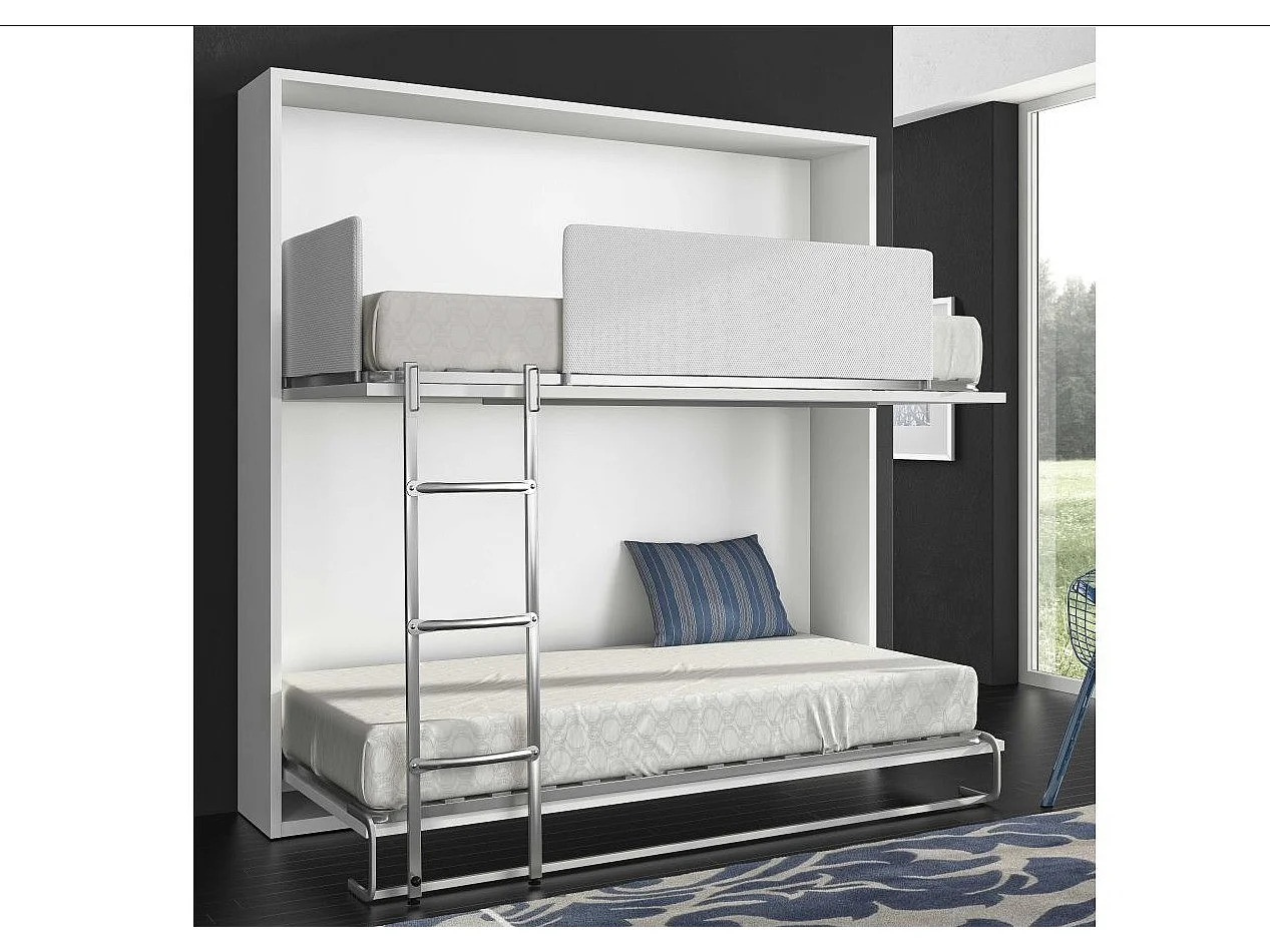 Lit escamotable superposé chêne blanc 2 couchages 90x190 Spaky