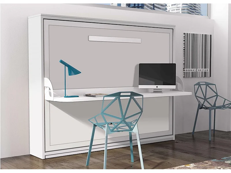 Lit escamotable avec bureau 90x190 chêne blanchi P 35 Kinoa