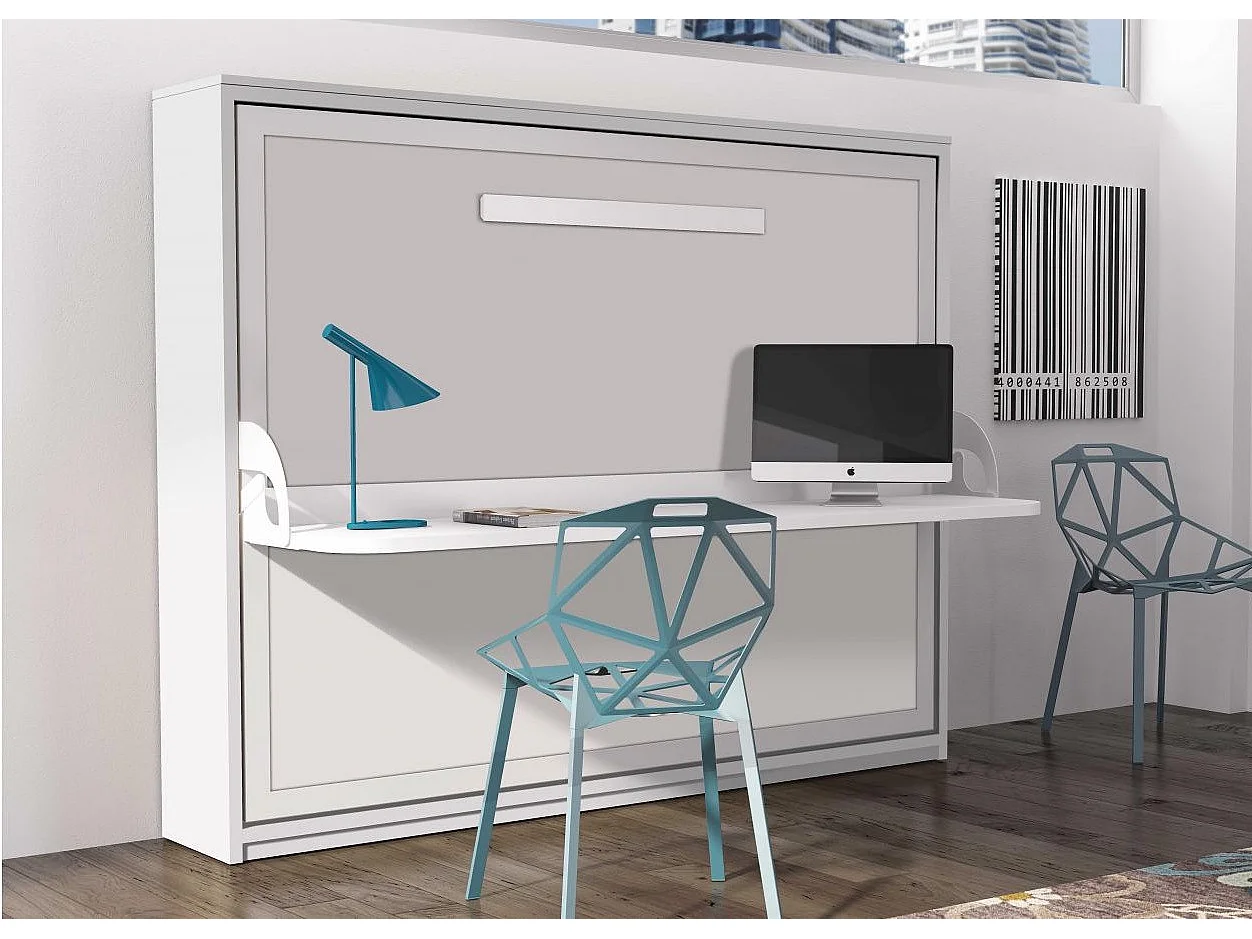 Lit escamotable avec bureau 90x190 chêne blanchi P 35 Kinoa