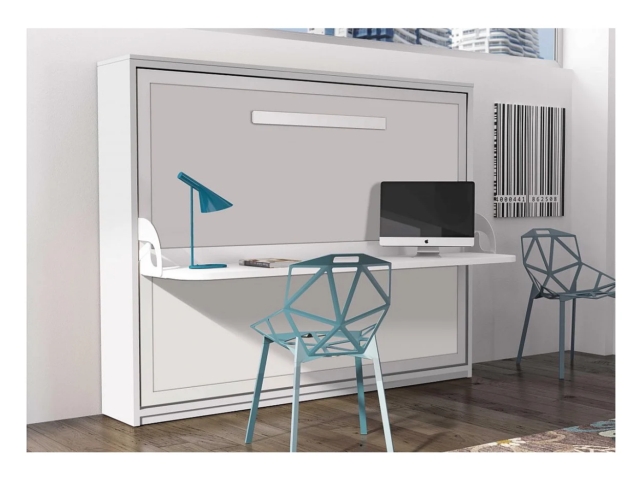 Lit escamotable avec bureau 90x190 chêne blanchi P 35 Kinoa