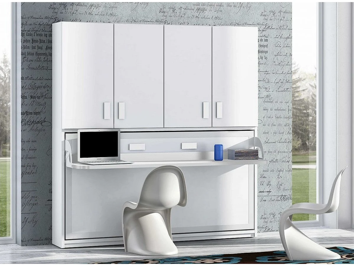 Lit escamotable 90x190 P 34cm chêne blanchi avec étagères et bureau Miko