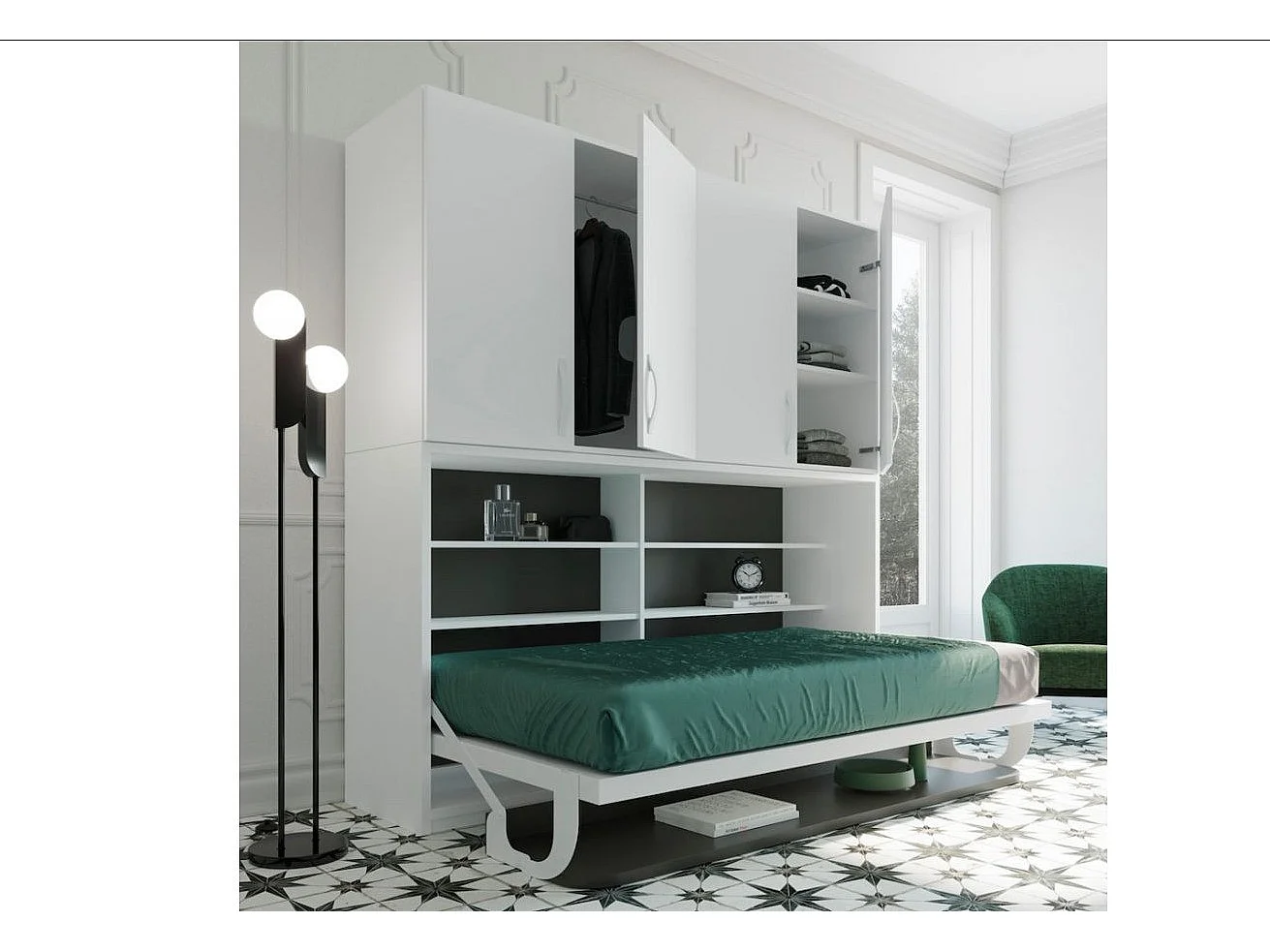 Lit escamotable 90x190 P 34cm chêne blanchi avec étagères et bureau Miko