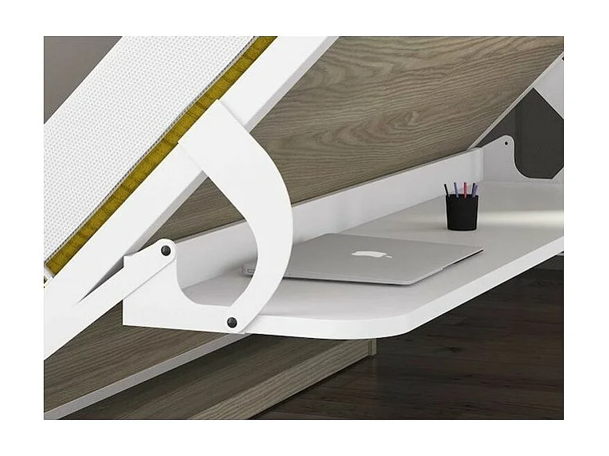 Lit escamotable 90x190 P 34cm chêne blanchi avec étagères et bureau Miko