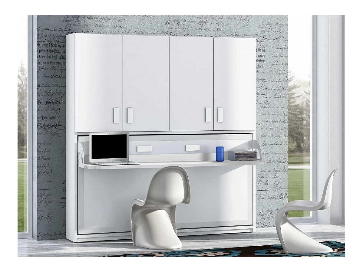 Lit escamotable 90x190 P 34cm chêne blanchi avec étagères et bureau Miko
