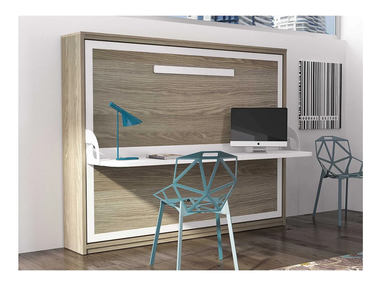 Lit escamotable avec bureau 90x200 chêne clair P 35 Kinoa