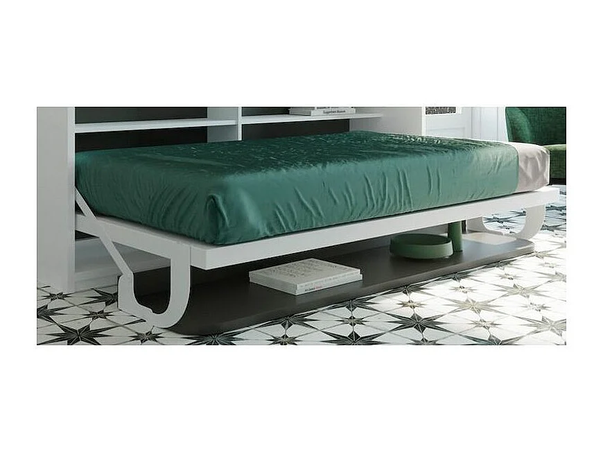 Lit escamotable 90x190 P 53cm chêne gris avec étagères et bureau Miko